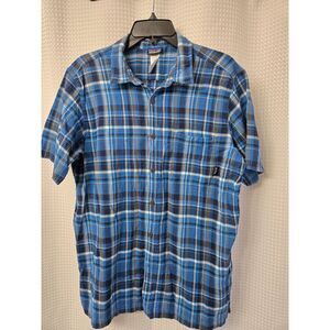 Patagonia Mens XL Organic Cotton Short Sleeve Button Down Shirt Blue Black Plaid